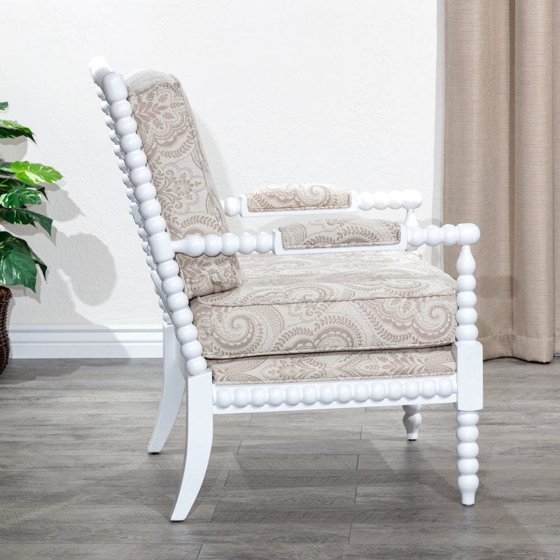 Fauteuil Spindle, finition blanche, tissu cachemire taupe