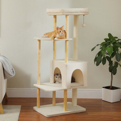Wooden cat tree with condo, hammock and toy ball