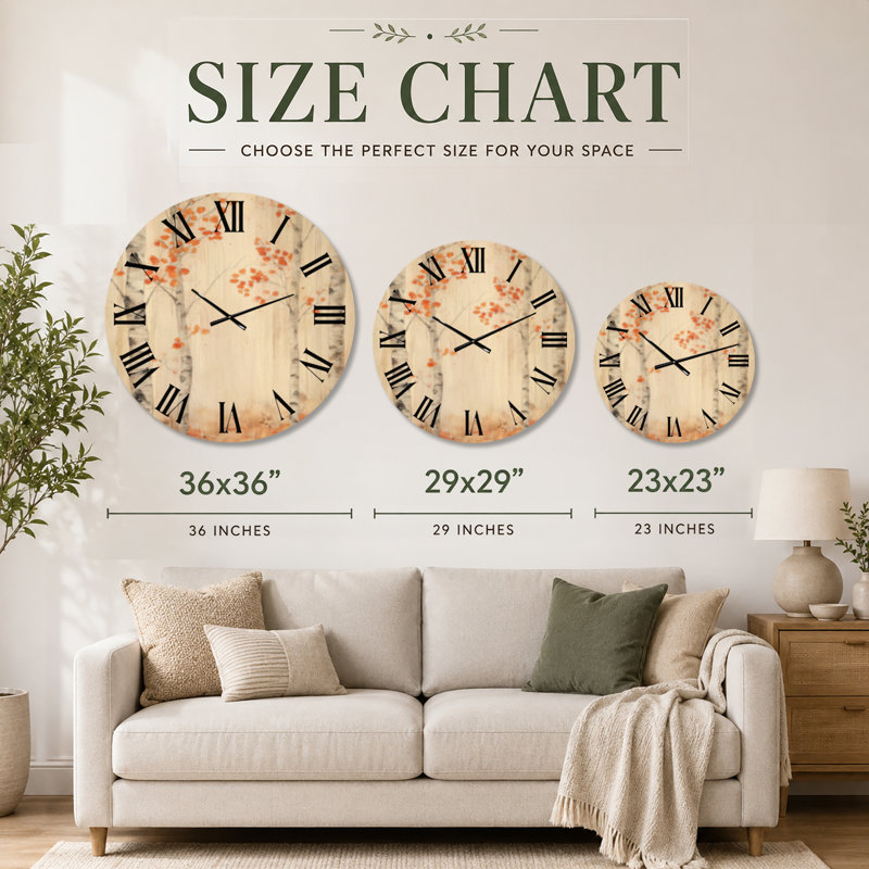 Forêt de bouleaux d'automne - Horloge murale ronde rustique crème, motif de bois, Large