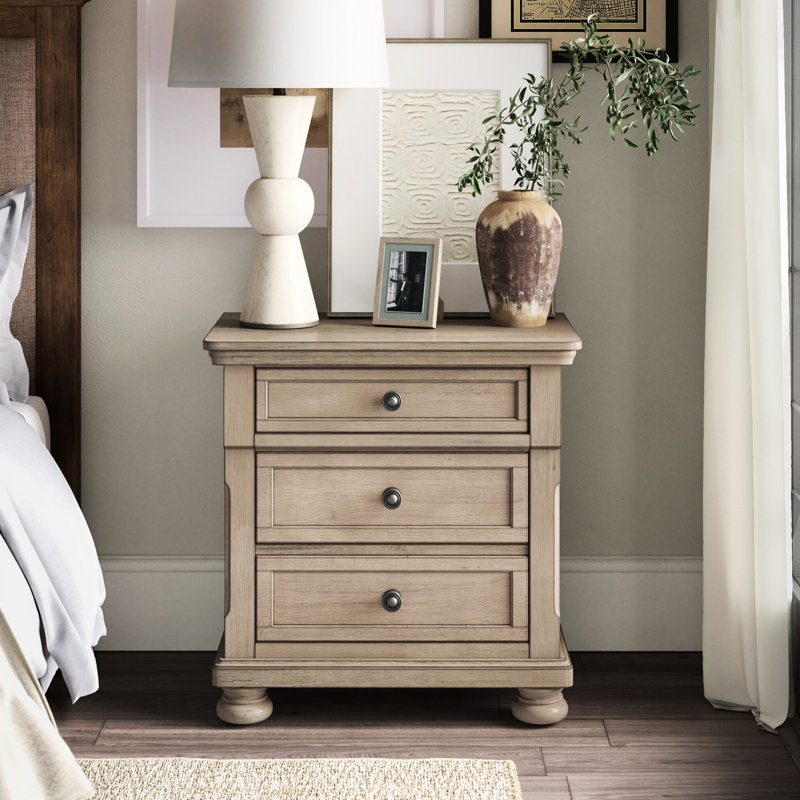 Table d'appoint de chambre à coucher avec placage de bouleau gris, glissières à 2 tiroirs, finition grise sans assemblage, tiroirs