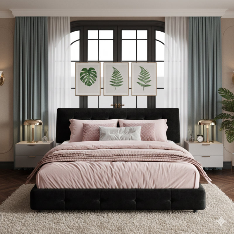 Structure de lit grand, comprenant une tête de lit surdimensionnée ultra-douce en forme de coussin «Cloud», un lit plateforme en chenille avec support de lattes en métal et en bois, solide et silencieux, dans une finition noire.