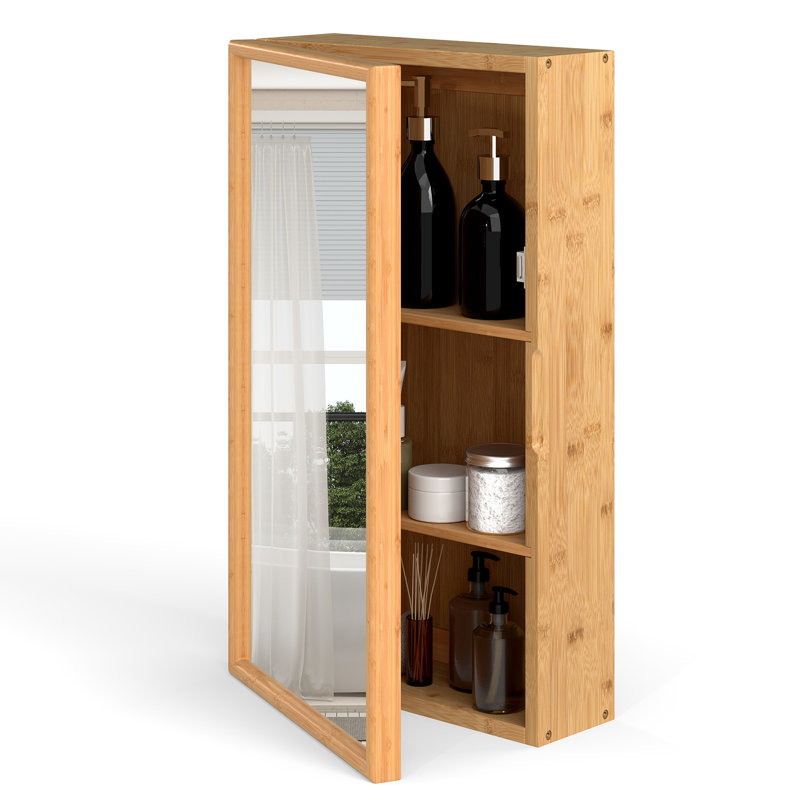 Bathroom Wall Cabinet Bamboo Medicine Cabinet with Mirror & 2 Removable Shelves