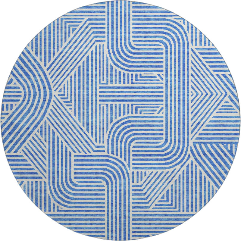 Premium Machine Washable Prisco Blue Rug, Round 8'