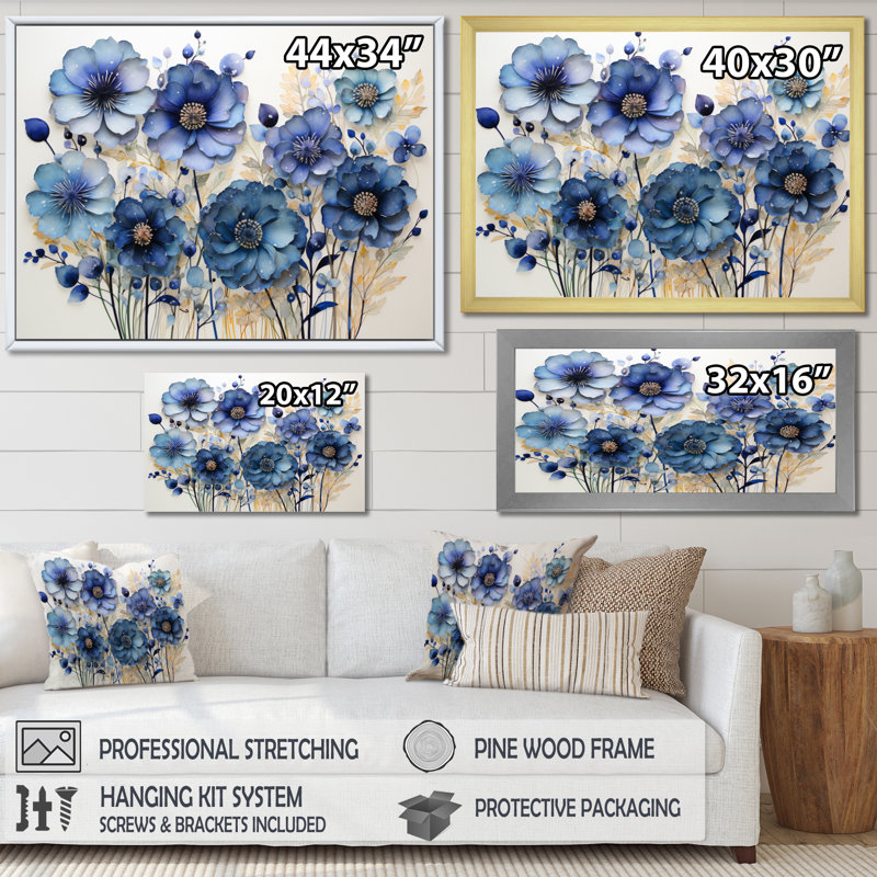 Blue Charm Blueflowers Pointillism I - Art mural encadré bleuets, H 34 po x l 44 po x P 1,5 po, Cadre flottant doré