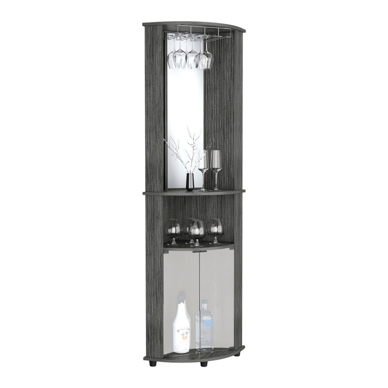 Corner Bar Cabinet Unit With Wine Glass Rack And Lower Cabinet, Oak