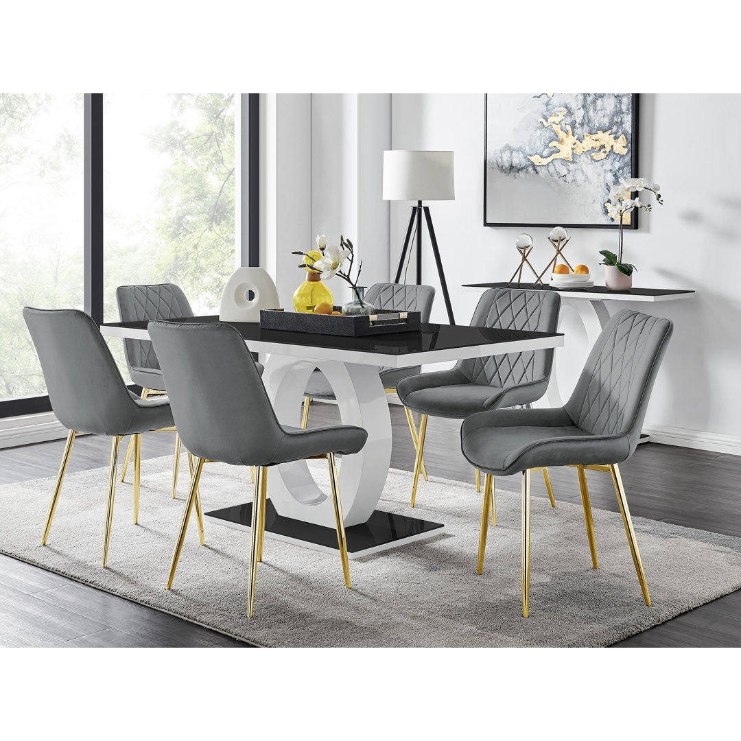 Scottsmoor Modern High Gloss Halo 6 Seater Dining Table Set with Luxury Velvet Dining Chairs East Urban Home Chair 