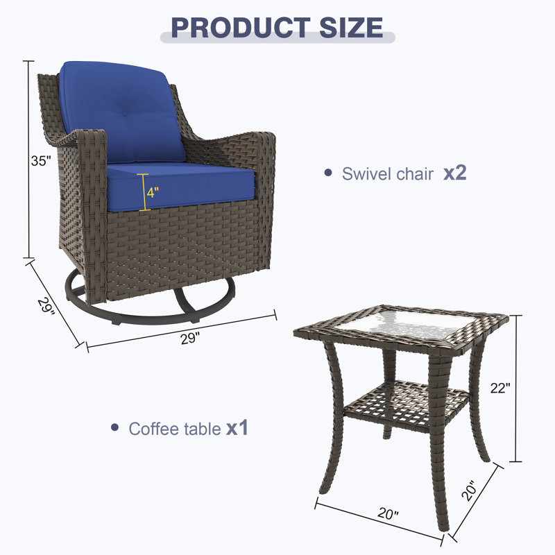 2-Piece Swivel Chair Set with Cushions & Glass Coffee Table – Iron Frame, Weather-Resistant Rattan., Blue