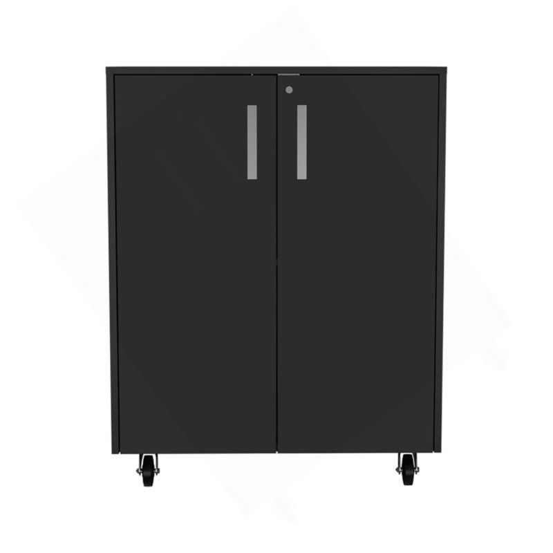Armoire inférieure à double porte 27,5 po avec roulettes, deux tablettes intérieures et serrure - noir