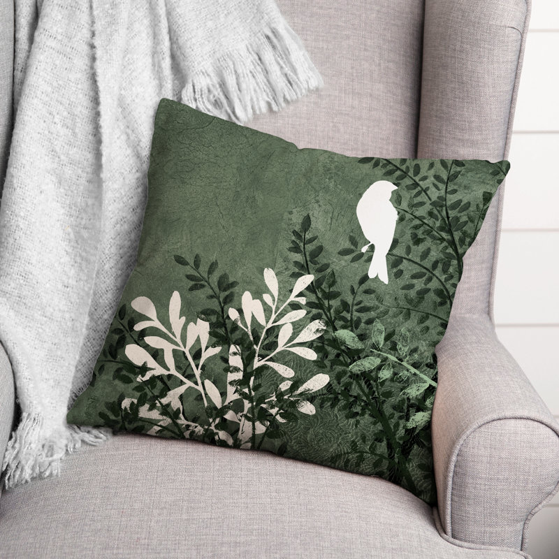 Bird on Branch Outdoor Square Pillow Cover & Insert, Green