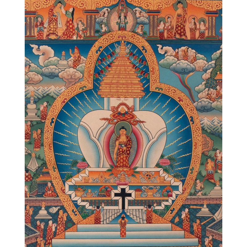 Stupa Thangka peint à la main avec divers événements de la vie de Bouddha (Brocadeless Thangka)