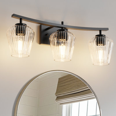 Malinowski 25 In. 3-Light Black Vanity Light With Clear Cone Glass Shades For Bathroom, Mirror, Powder Room