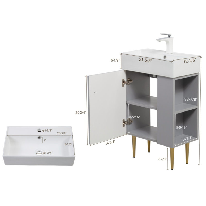21.6'' Single Bathroom Vanity with Ceramic Top, Gray