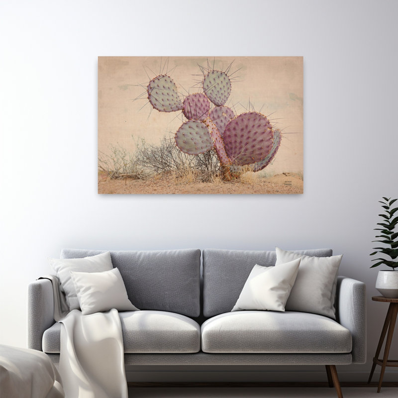 Bordure au coucher du soleil I, art abstrait de paysage de cactus rétro au coucher du soleil, H 32 po x l 48 po