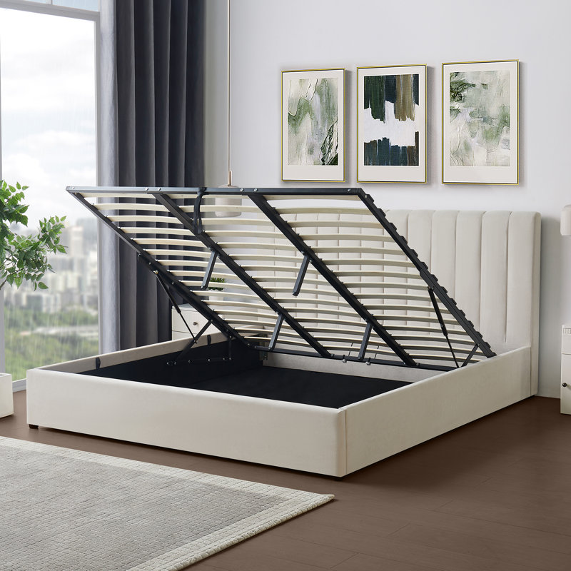 Evelynne Fabric Ottoman Bed Frame with Storage - , Super King (6'), Beige