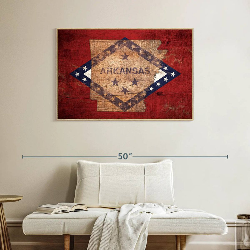 Carte d'État sur le drapeau de l'Arkansas, Cadre flottant en bois naturel, 40 po x 27 po