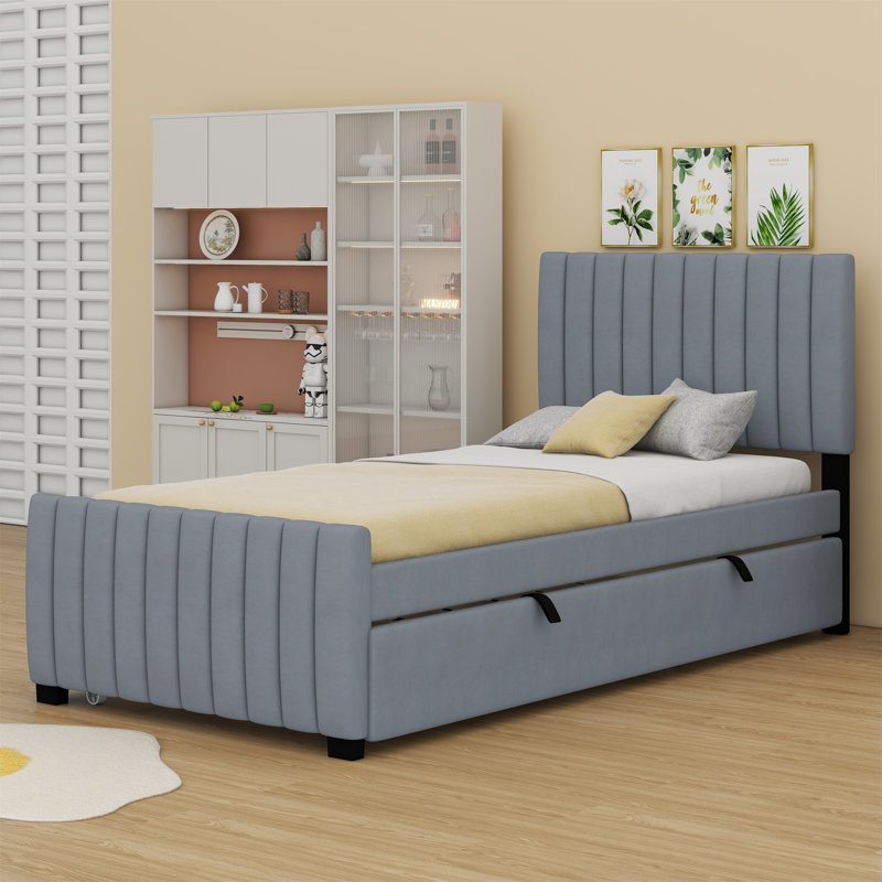 Lit plateforme tapissier simple en velours avec lit gigogne simple, gris, gris, Simple