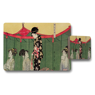 Japanese Ukiyoe Style Placemat and Coaster Set With Geisha in Kimono