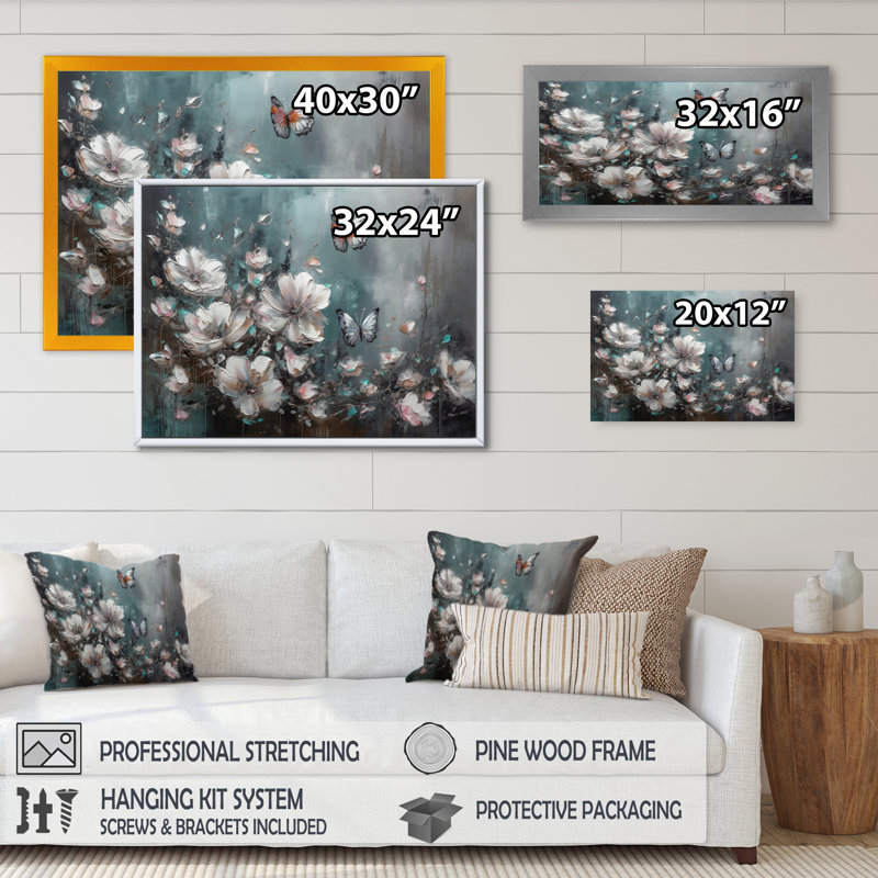 «Ryoko Flowers With Butterflies», peinture II sur toile, Toile tendue, H 12 po x l 20 po x P 1 po