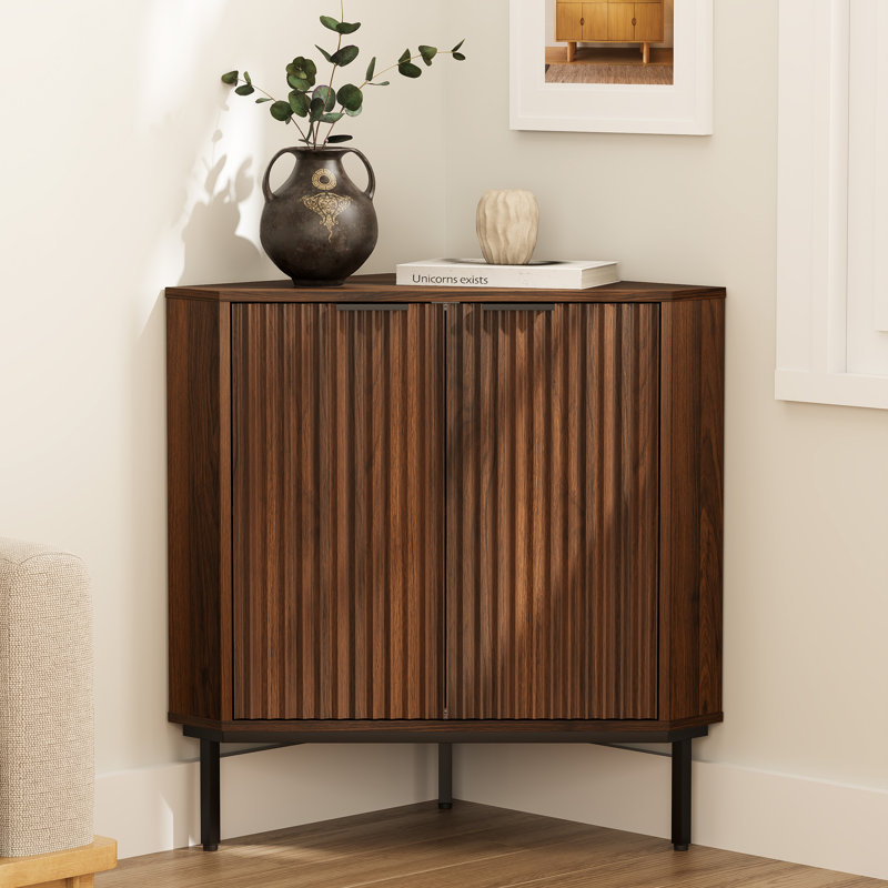 Fluted Corner Cabinet With 2 Doors And 2-Tier Shelves, Brown