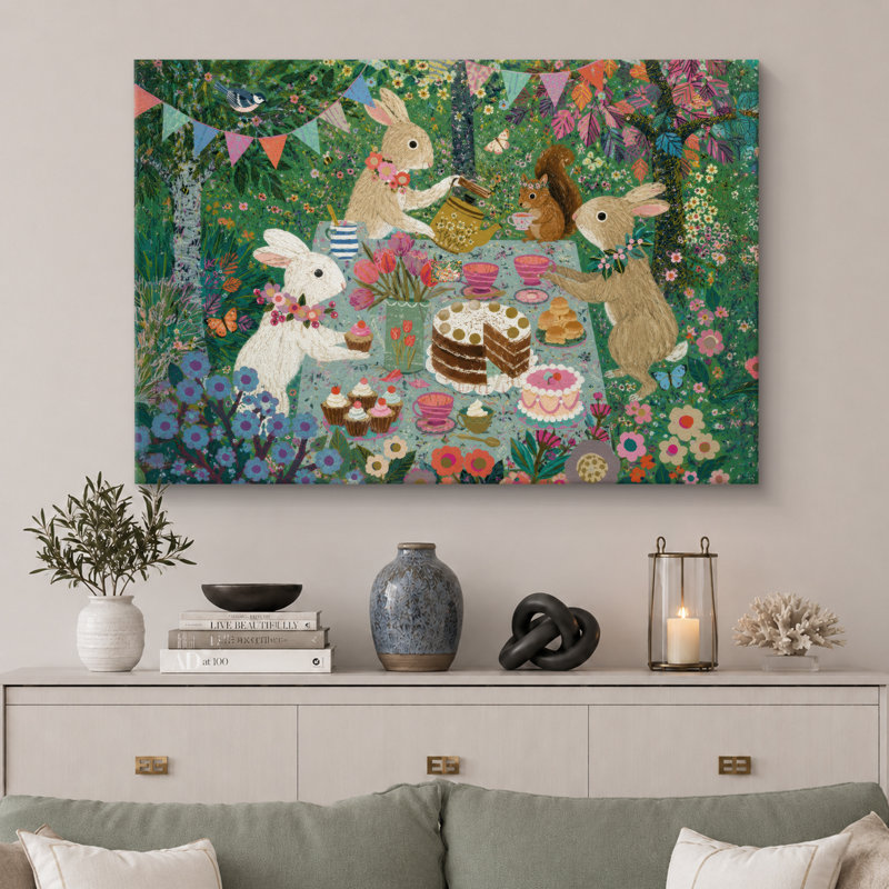 «Woodland Rabbit Tea Party», image de chambre de bébé, impression sur toile encadrée, impression numérique, Toile tendue