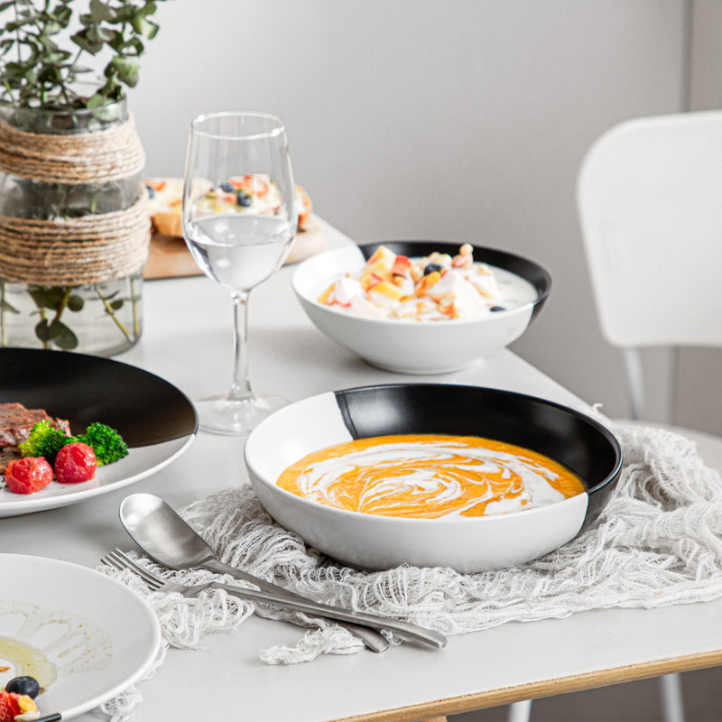 16 Piece Handmade Stoneware Dinnerware Set - Service for 4, Black/White