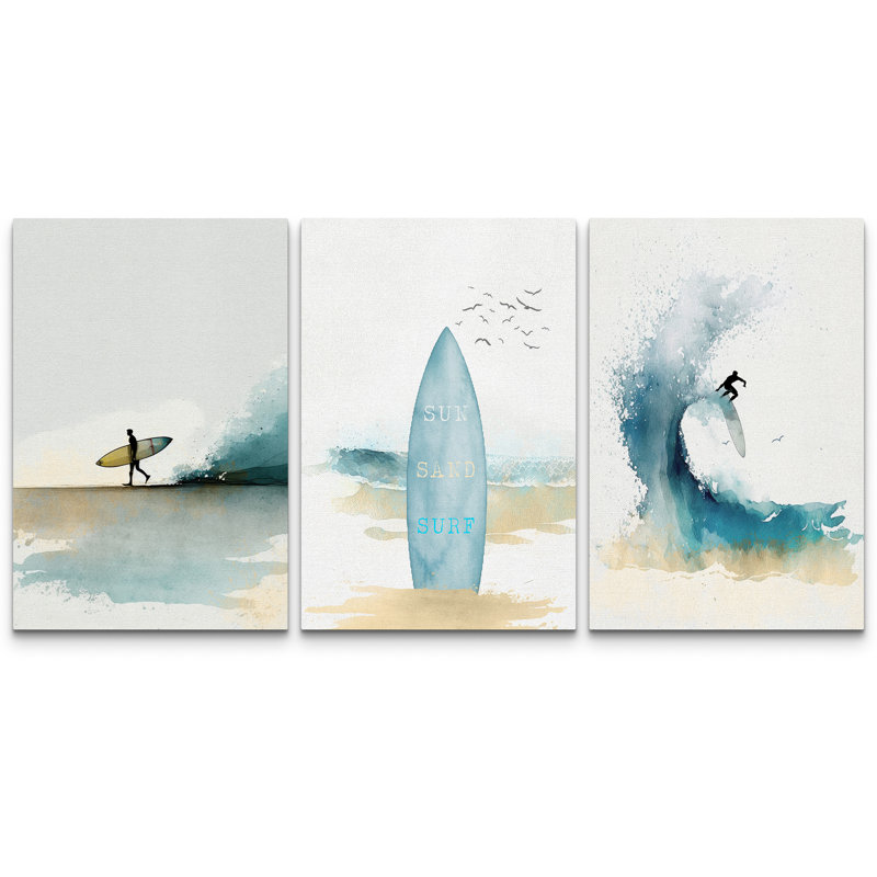 «Coastal Beach Sun Sand Surf», planche de surf bleu clair et océan encadré nautique, impression sur toile 3 pièces