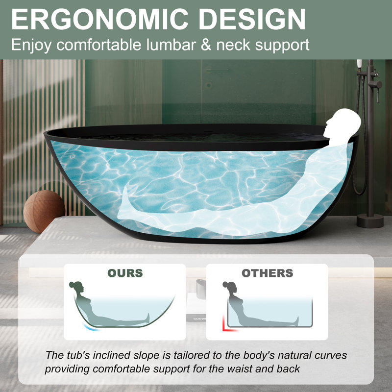Egg Harbor 67'' x 34'' Solid Surface Stone Freestanding Soaking Bathtub, Matte Black