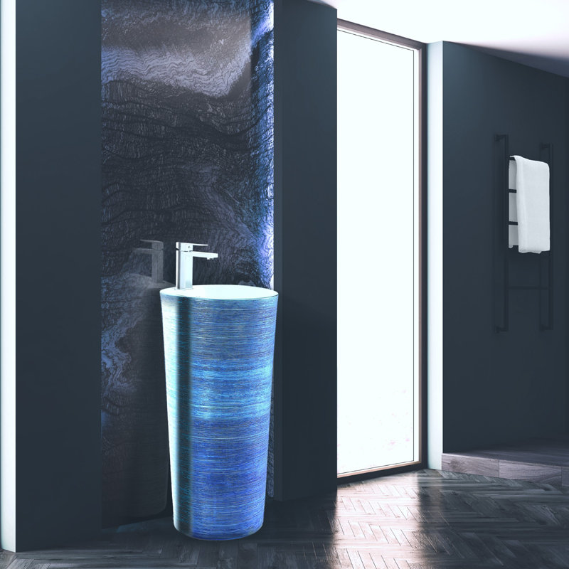 Vitreous China Pedestal Bathroom Sink with Overflow, Brushed Blue