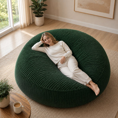 Pouf rond surdimensionné de 1,80 m en velours côtelé à larges rayures, grand canapé-pouf ergonomique, fauteuil de détente en mousse haute densité pour salon et chambre à coucher
