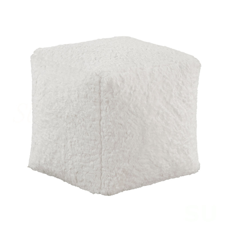 Modern Square Pouf Off-White Faux Fur Fabric Upholstered Ottoman, Footstool, Non-Slip Floor Pouf, Bean Bag Chair, 1Pc Sitting Pouf