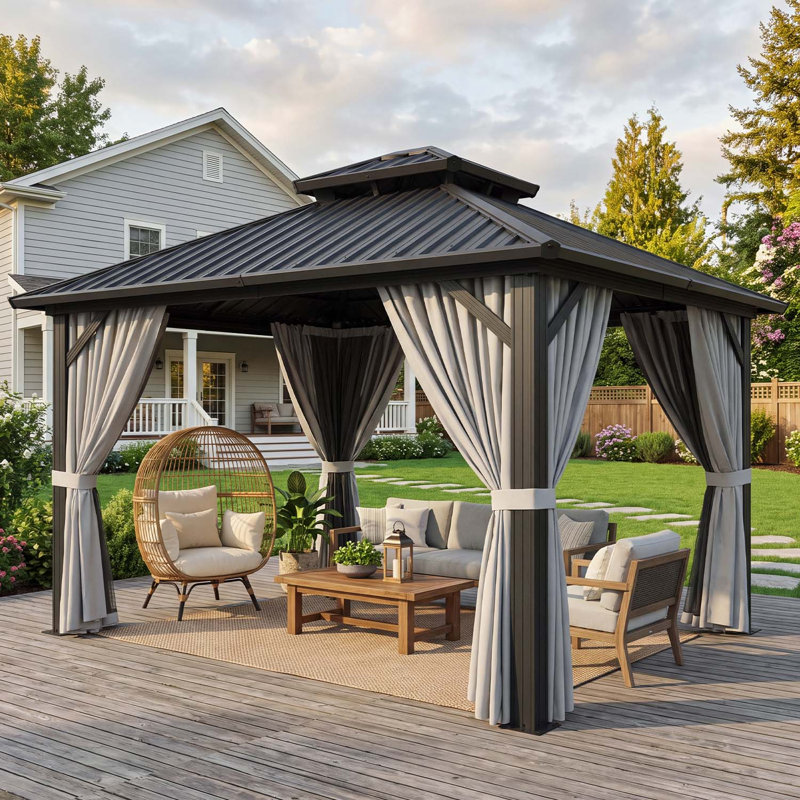 Gazebo d'extérieur rigide en métal de 3 m x 3 m avec structure en aluminium, rideaux d'intimité et moustiquaire, 10'x 10'