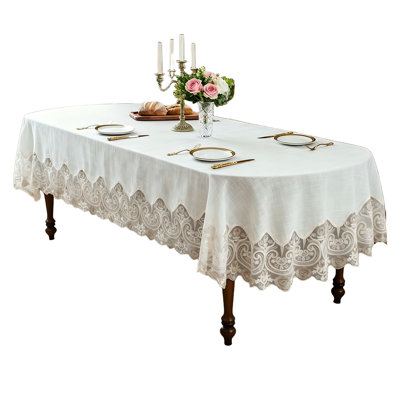 Lace rectangular tablecloth, clear embroidered kitchen holiday decoration fabric, 52 x 70 inches (Beige, oval shape)