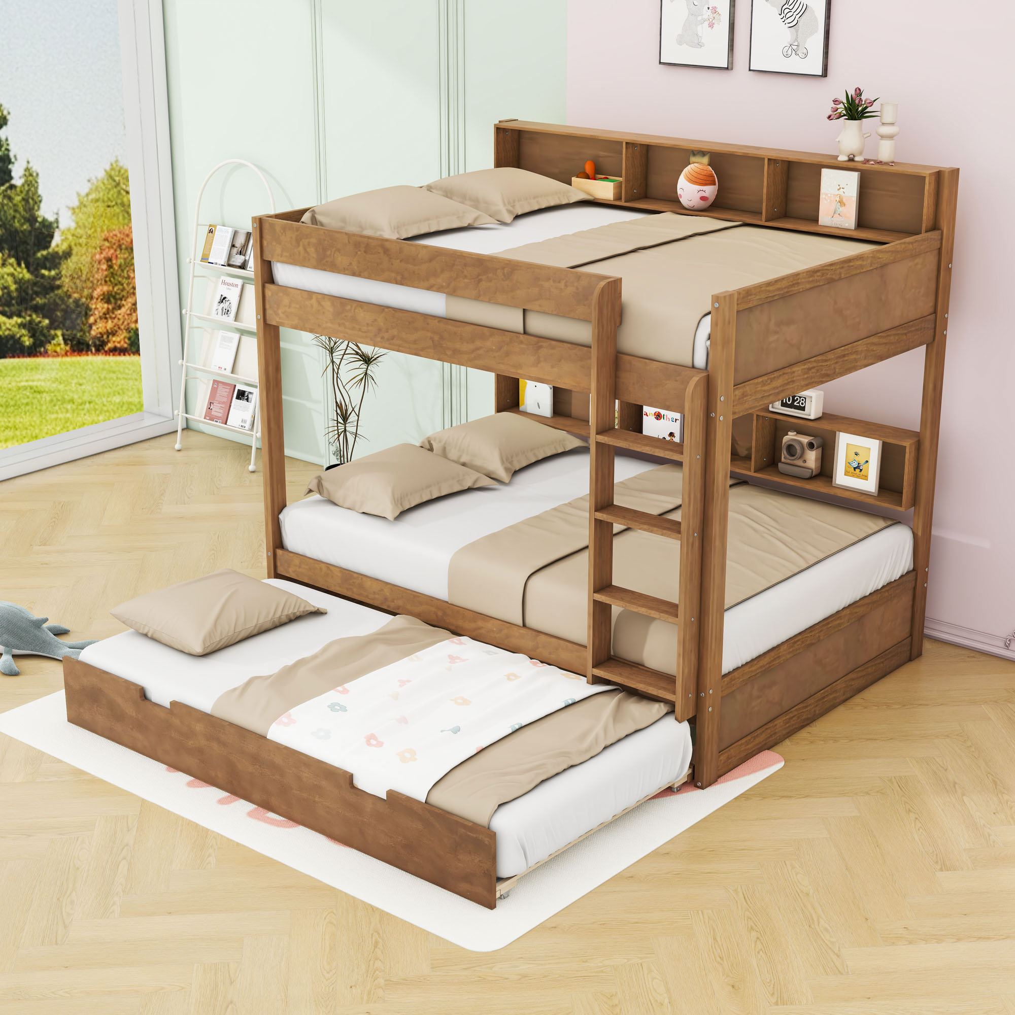 Harriet Bee Wood Bunk Bed with Pull-Out Trundle and Built-in Storage ...