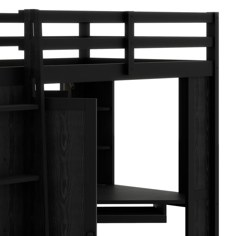 Lit mezzanine avec grande armoire intégrée, bureau, Noir
