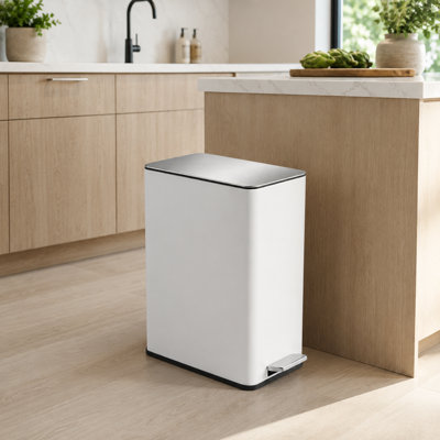 White stainless steel 15-liter rectangular step trash can featuring a removable inner bucket with side handles and a non-slip base; suitable for kitchens, bathrooms, and offices.