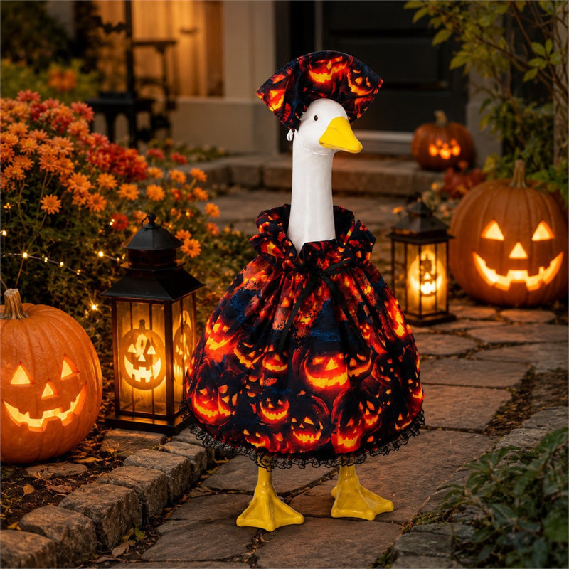 Décoration d'Halloween : Ensemble de costume de squelette et citrouille pour statue d'oiseau de 58 cm (23 pouces) pour porche ou jardin. Décoration pour fête extérieure.