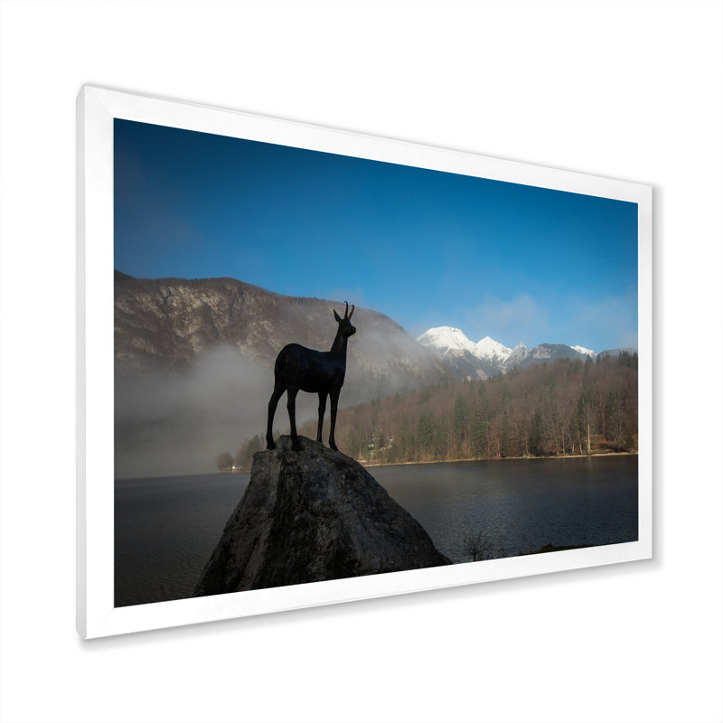 Statue de chamois doré à cornes - reproduction d'art sur toile, H 8 po x l 12 po x P 1 po, Cadre blanc