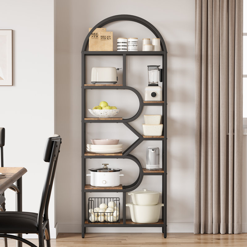 81.7'' H Bookshelf, 6-Tier Arched Bookcase, Geometric Open Storage Shelf, Brown/Black