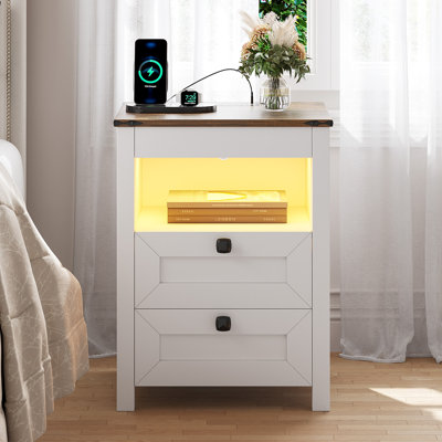 17.3"W 2 - Drawers Nightstand with LED light, Farmhouse End Table with  Wireless Charger& Human Sensor