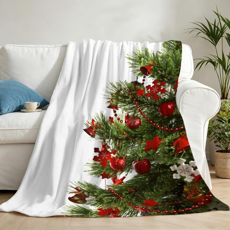 Jeté en flanelle rouge, molleton ultra doux, arbre de Noël avec boules, Throw 50" x 60"