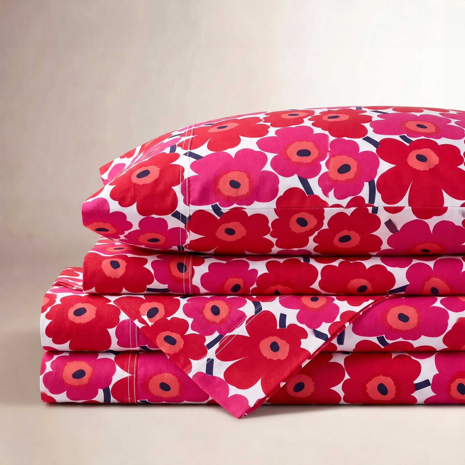 Mini Unikko Cotton Sheet Set, King Sheet Set with 2 King Pillowcases, Mini Unikko Red