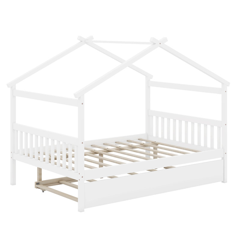 Annais Wooden House Bed with Trundle, Full, White