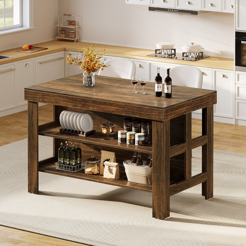 Kitchen Island With Storage Shelves For Kitchen Dining Room, Deep Brown