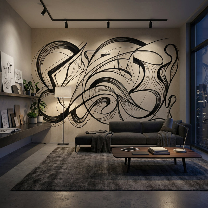 Papier peint abstrait lignes noires minimaliste, Non-Woven Nonpasted, 200"x120"