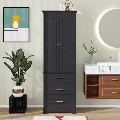 Tall Storage Cabinet With 3 Drawers, 3-Tier Adjustable Shelves & 2 Doors, Floor Freestanding Linen Cabinet For Bathroom/Office