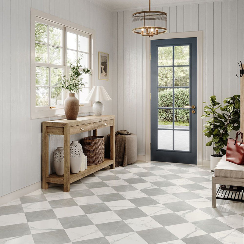 Tuscany Checkerboard 12X12 Marble Look Porcelain Tile, White/Gray