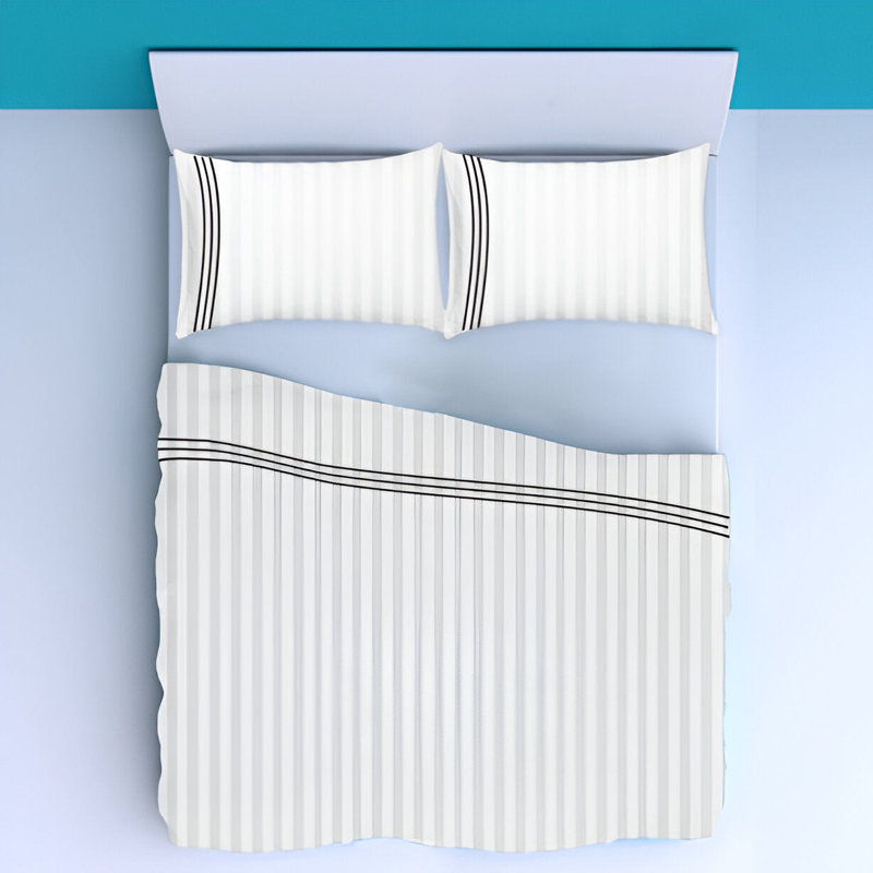 400TC Triple Embroidery Sateen Stripe Cotton 4 Piece Sheet Set Fitted Sheet Fits Upto 16" Deep Pocket, Black Border