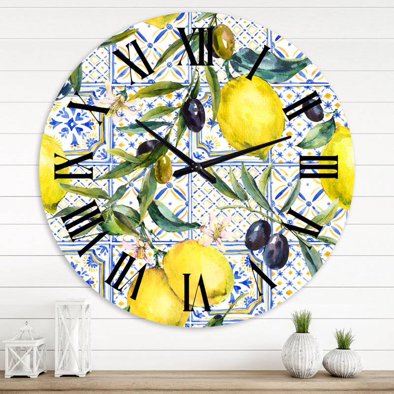 Lemon Ornament On Blue Geometrical Pattern III - Tropical Wall Clock, 36" H x 36" W x 1" D