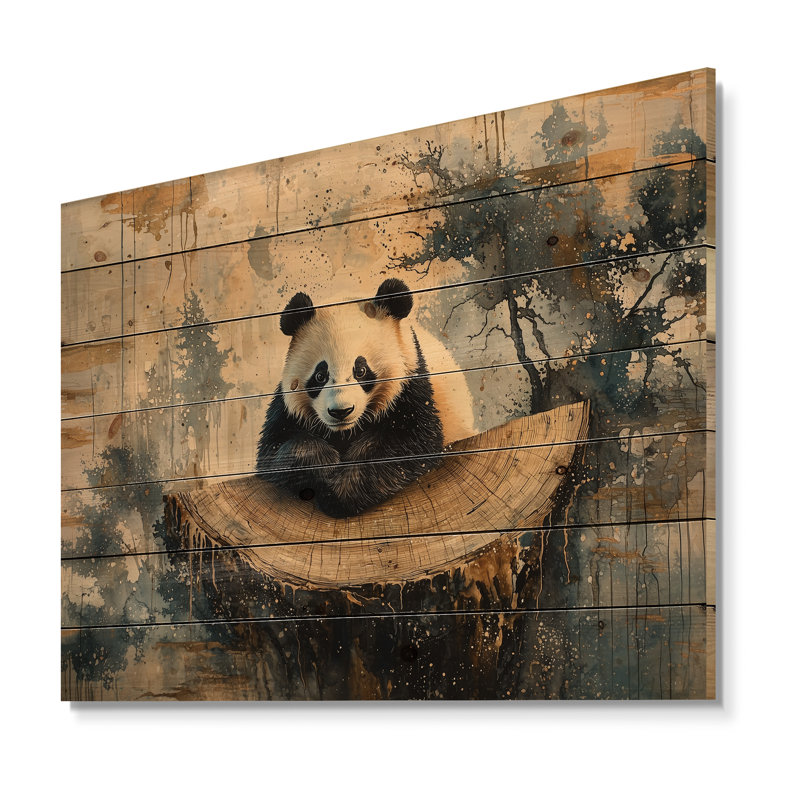 Portrait de panda dans une forêt de bambous II - impression sur bois d'un animal panda - sur bois de pin naturel