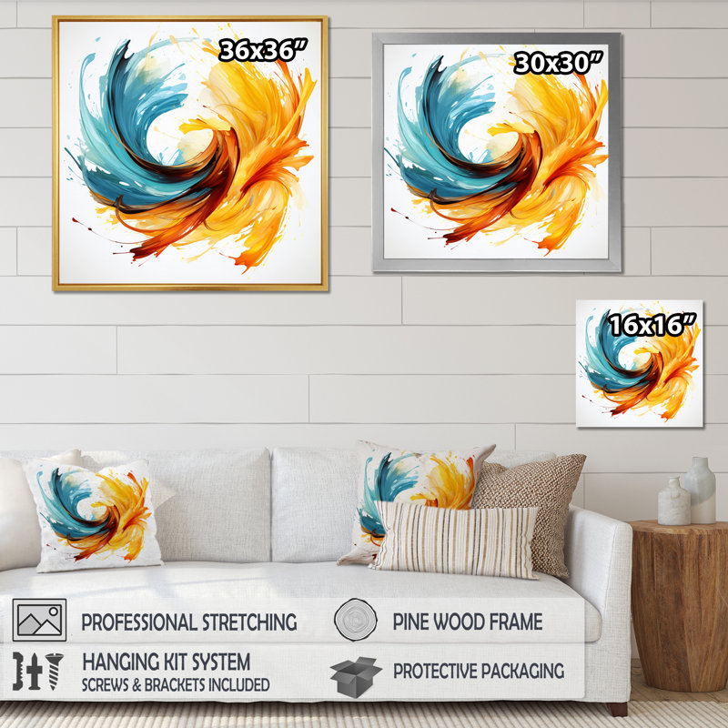 Mariage tourbillonnant d'ambre électrique et de bleu - spirales abstraites, art mural dans le salon, Toile tendue